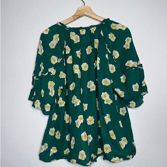 Daniel Rainn Plus 2X Green Floral Ruffle Blouse Linen Cotton Peasant Top - Picture 6 of 7